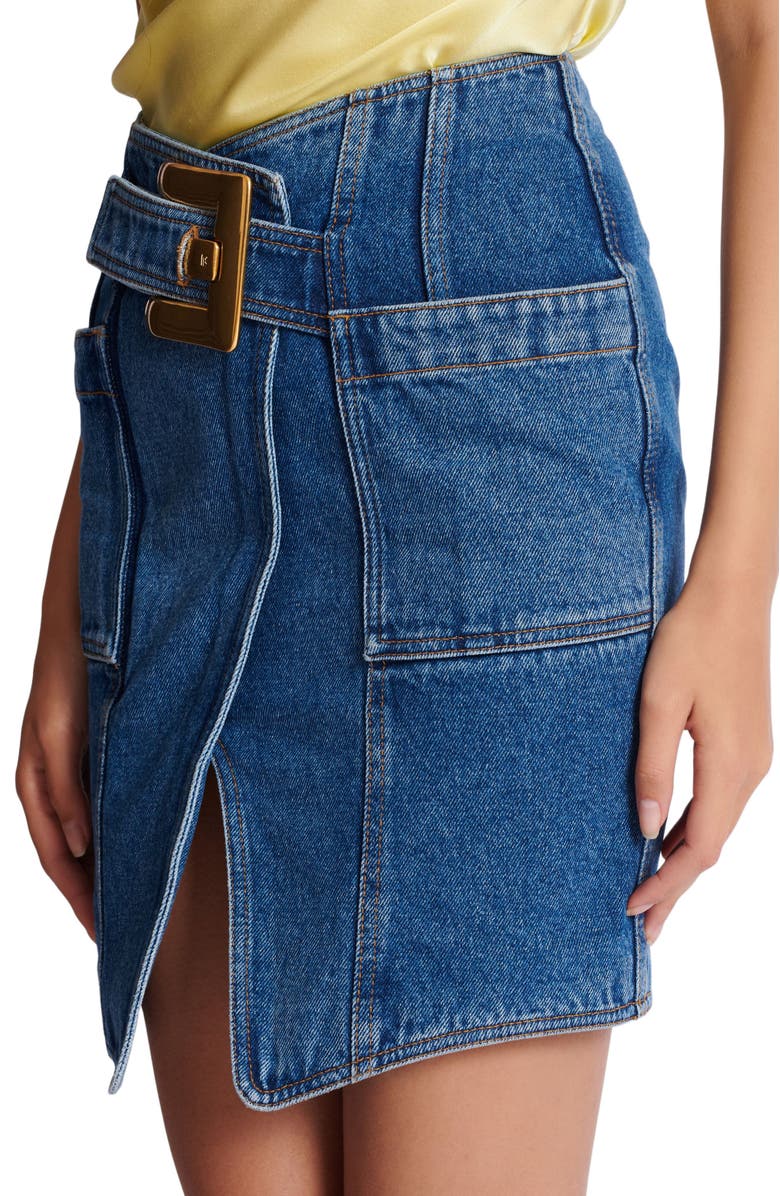 Balmain Short denim skirt with belt, Alternate, color, Blue