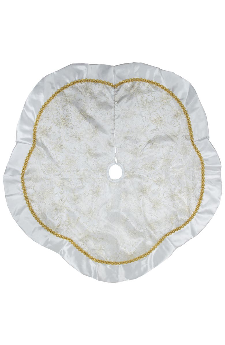Northlight 48" White and Gold Glitter Poinsettia Scalloped Christmas Tree Skirt, Main, color, White