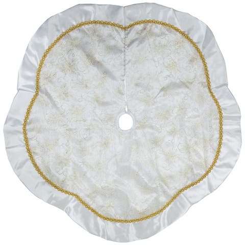 48" White and Gold Glitter Poinsettia Scalloped Christmas Tree Skirt