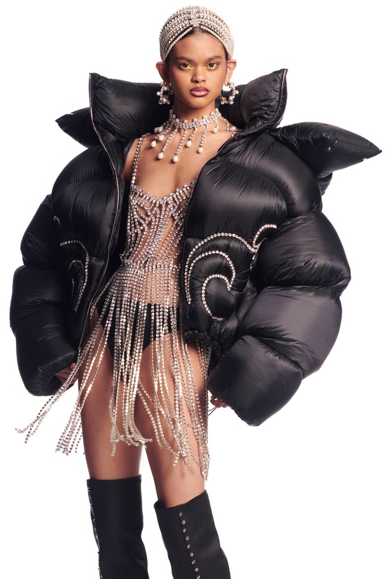 x Dingyun Zhang Crystal Embellished Baroque Crop Down Puffer Jacket, Alternate, color, BLACK