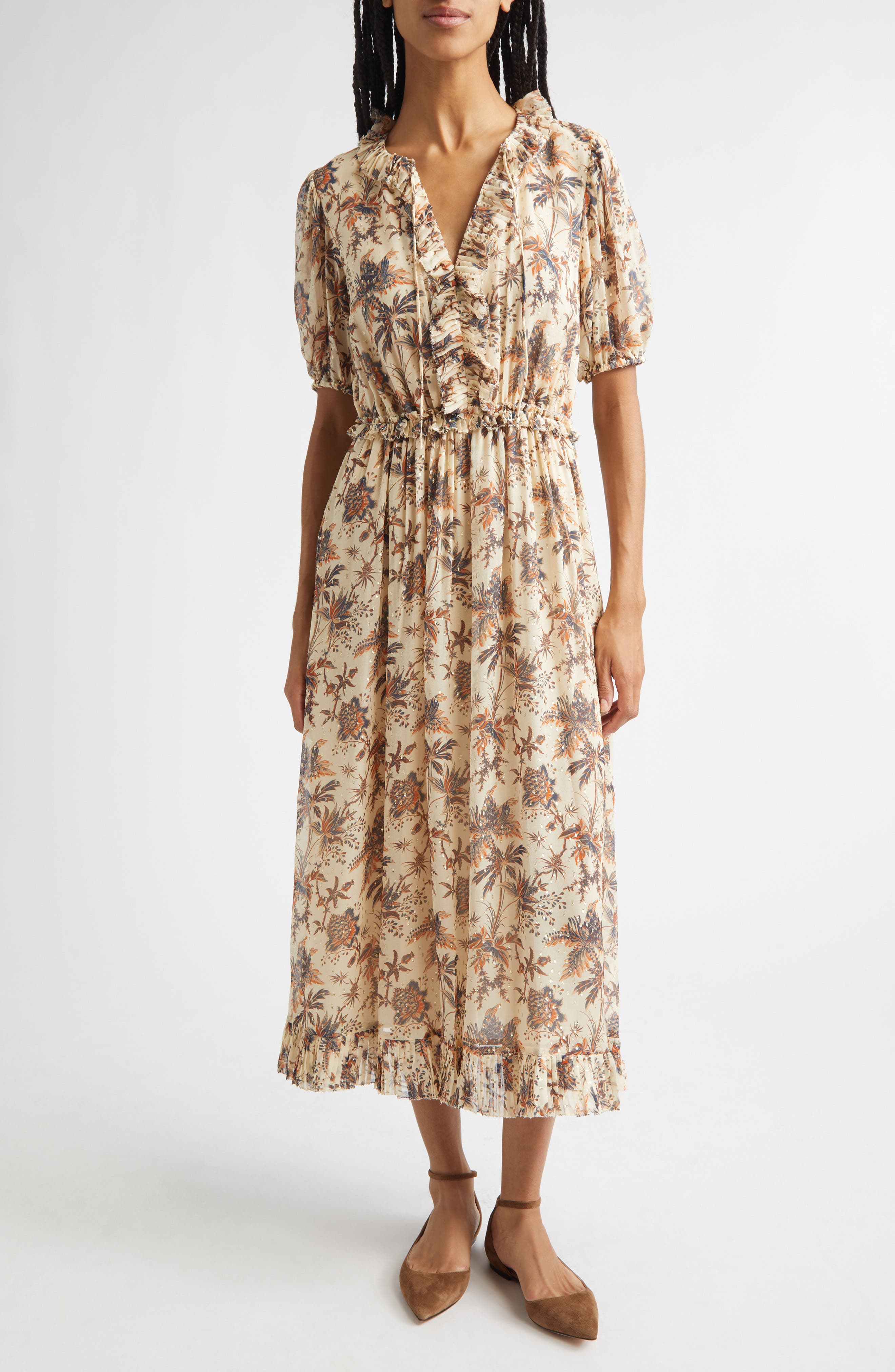 Ulla Johnson Rosamude Floral Puff Sleeve Midi Dress In Multi