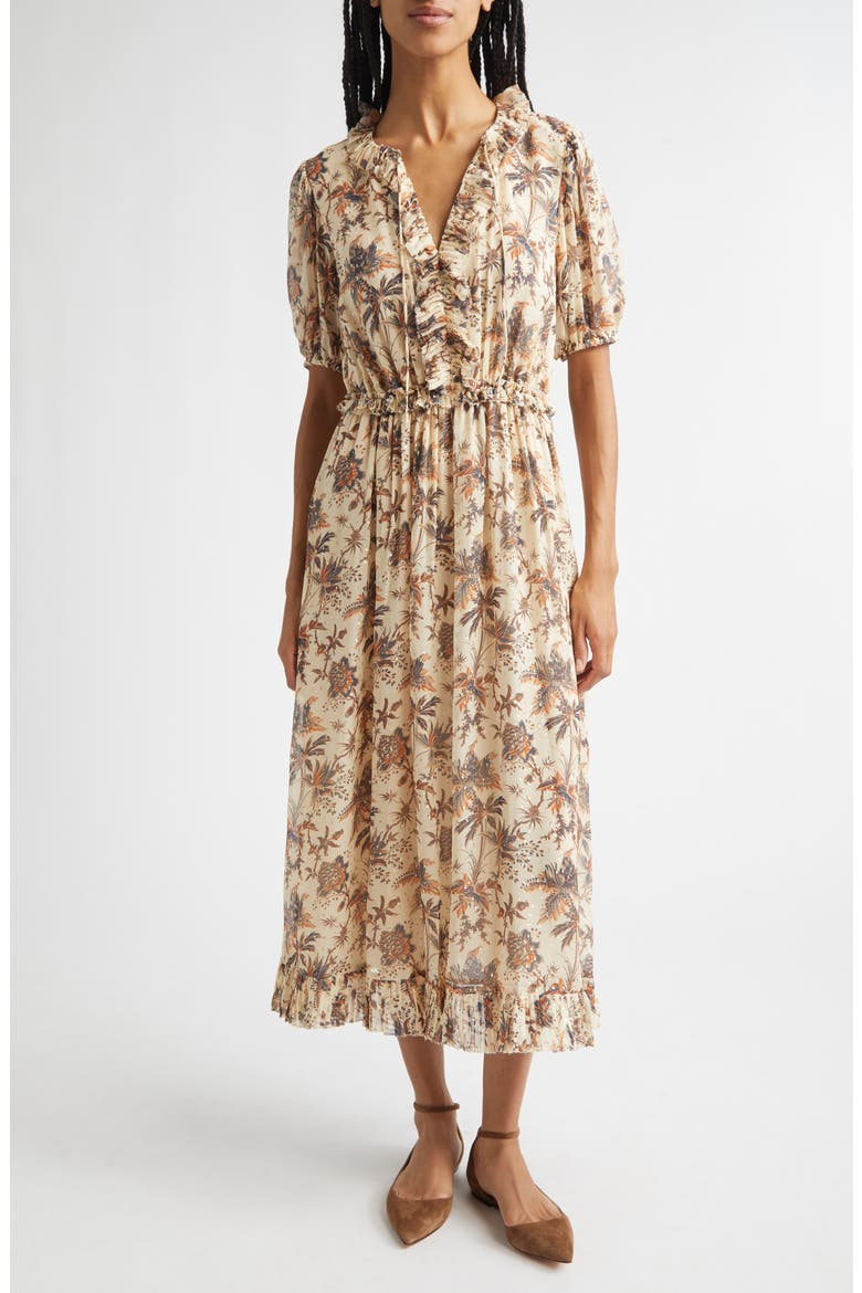 Rosamude Floral Puff Sleeve Midi Dress, Alternate, color, CAMEO
