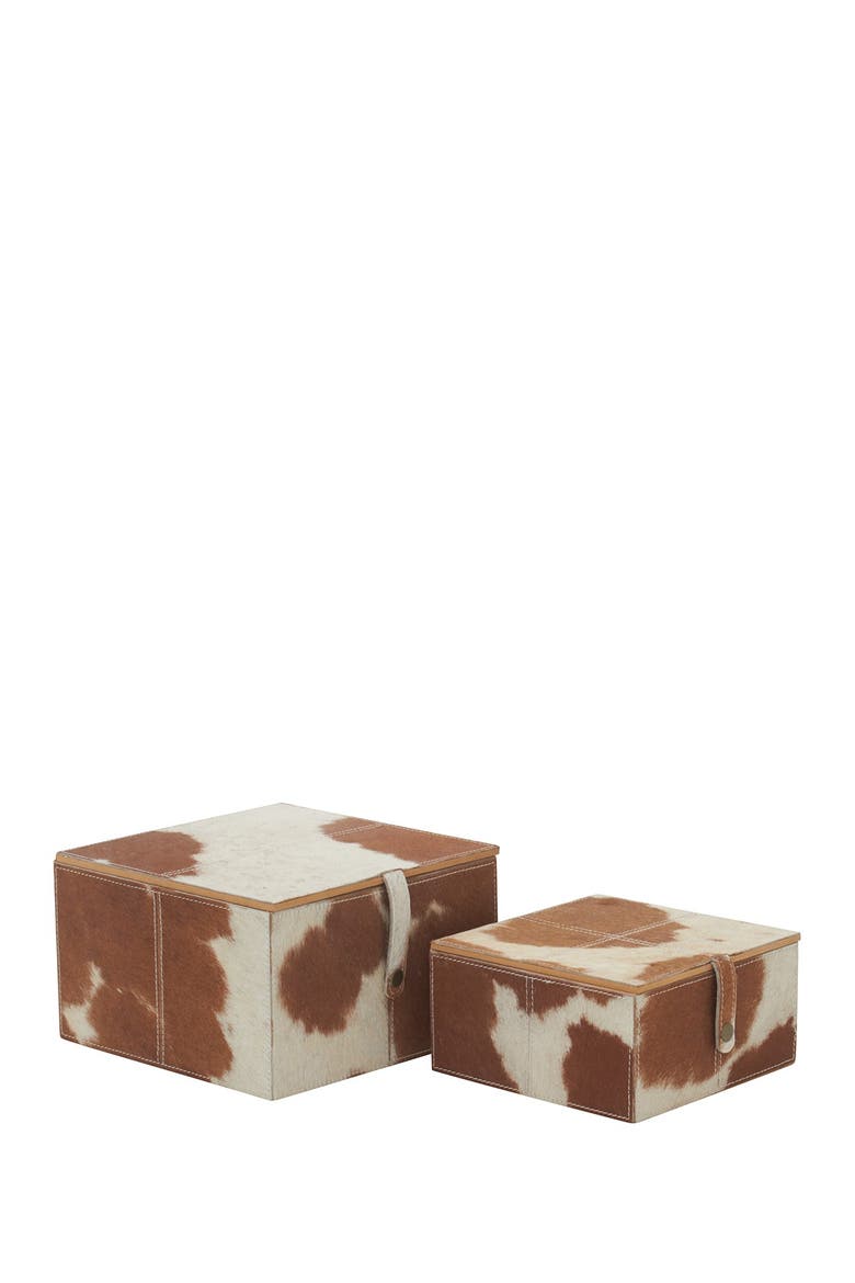 Brown Leather & Genuine Calf Hair Handmade Box with Hinged Lid - Set of 2, Alternate, color, BRONW