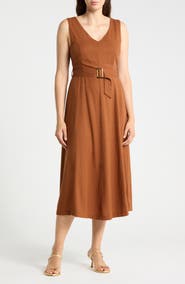 Ellen Tracy V-Neck Sleeveless Belted Midi Dress