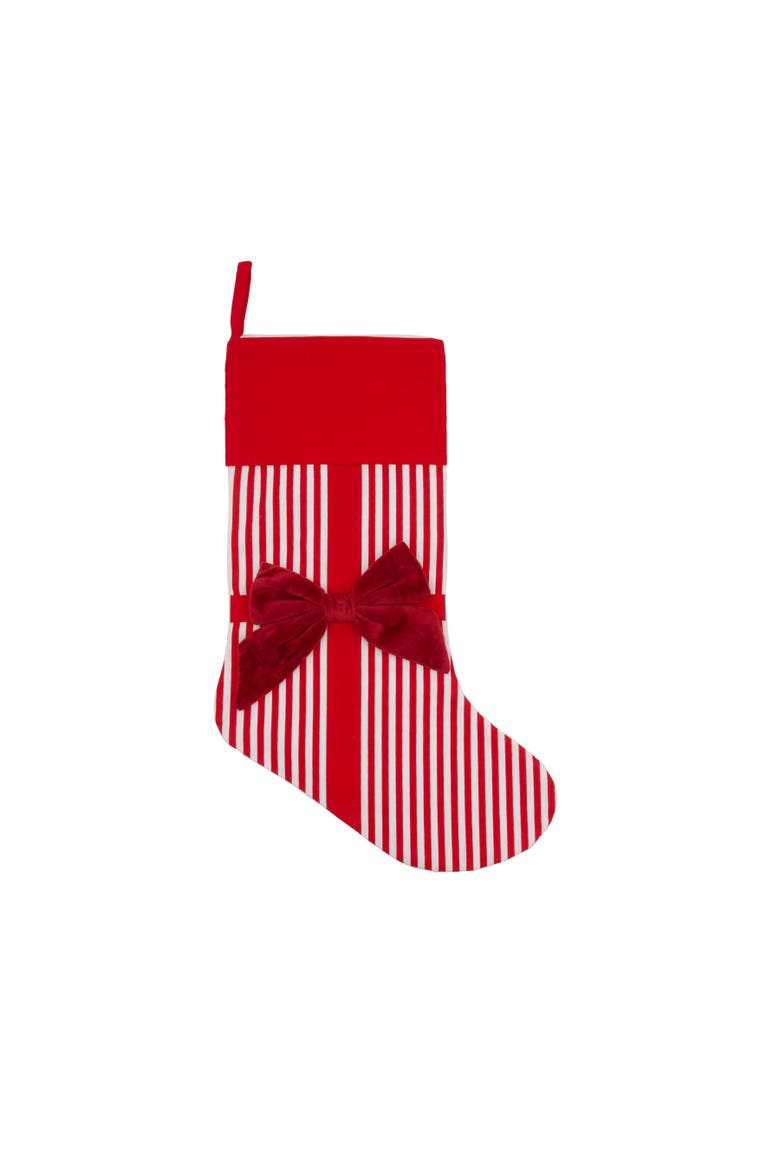 Red Velvet Bow on Striped Candy Cane Christmas Stocking, Main, color, Red