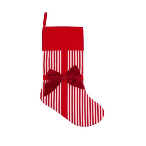 Red Velvet Bow on Striped Candy Cane Christmas Stocking