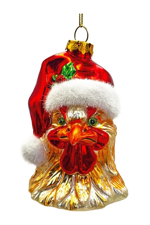 Santa Hat Rooster Handblown Glass Ornament