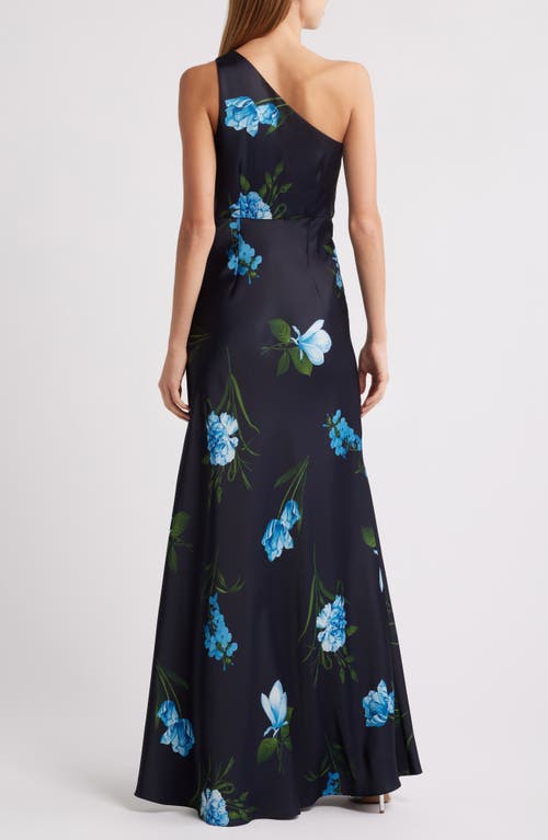 Sachin & Babi Delphine Floral One-shoulder Satin Crepe Gown In Night Sky Blue Oculata