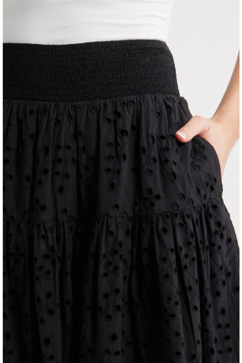 Smocked Waist Eyelet Midi Skirt, Alternate, color, BLACK