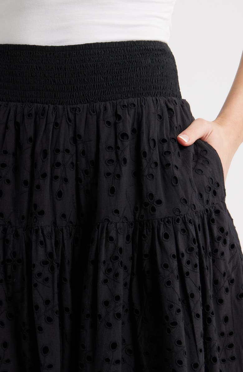 Caslon<sup>®</sup> Smocked Waist Eyelet Midi Skirt, Alternate, color, Black