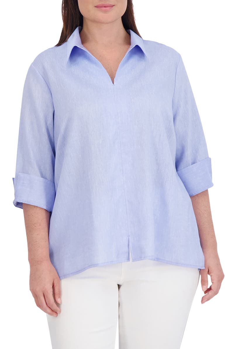 Foxcroft Agnes Three-Quarter Sleeve Linen Blend Top, Main, color, Powder Blu