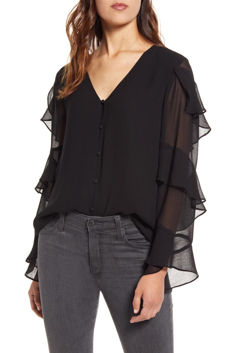 Tiered Sleeve Chiffon Blouse, Main, color, RICH BLACK
