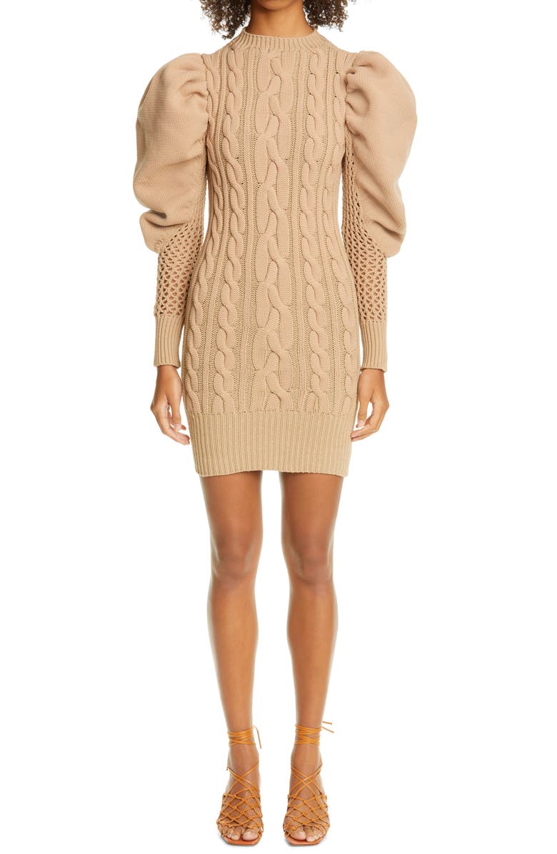 Isa Boulder Long Sleeve Mesh Back Cable Knit Sweater Dress, Main, color,