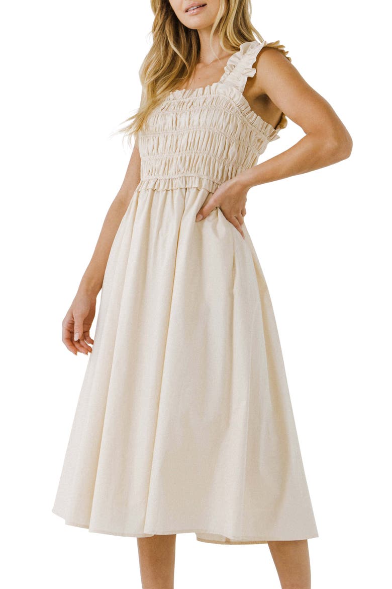 Ruffle Strap Cotton Midi Dress, Alternate, color, BEIGE
