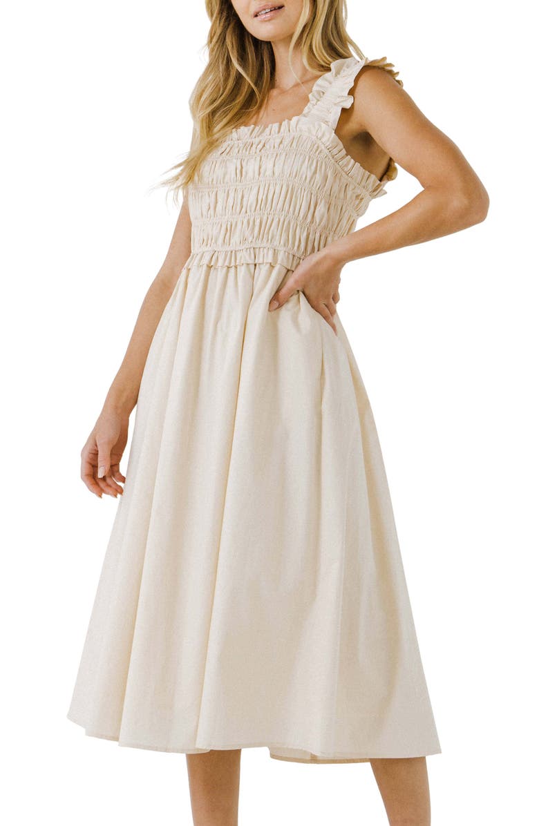 English Factory Ruffle Strap Cotton Midi Dress, Alternate, color, Beige