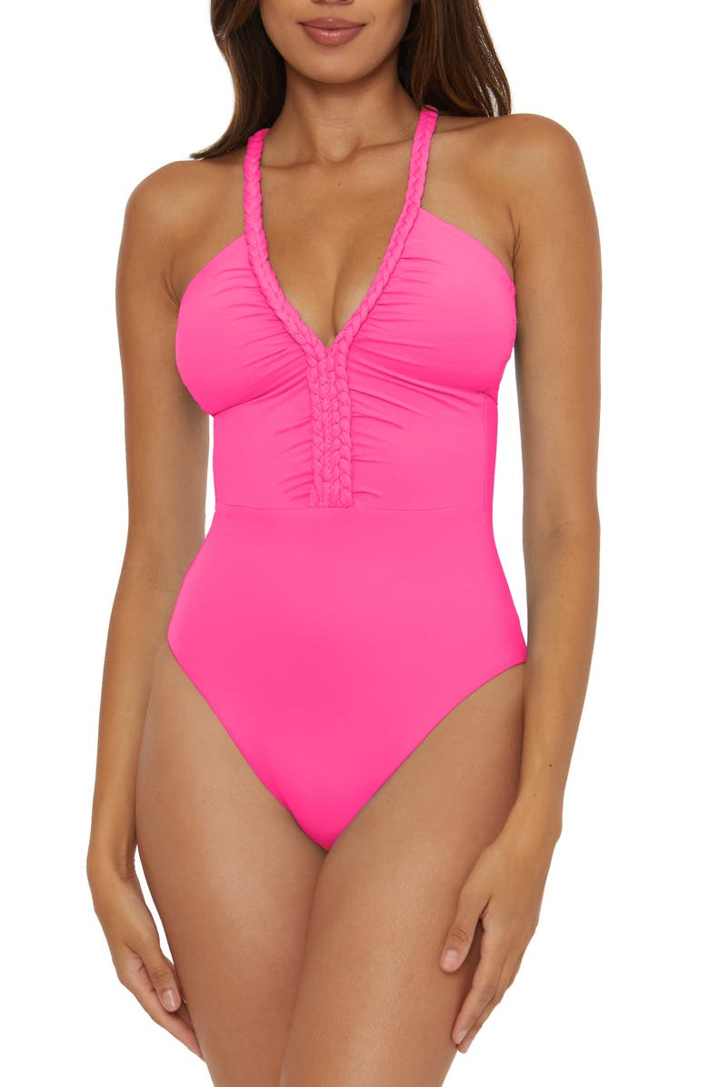 Soluna Braid Trim One-Piece Swimsuit, Main, color, Daiquiri