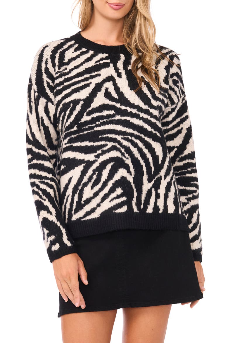 Zebra Jacquard Crewneck Sweater, Main, color, RICH BLACK