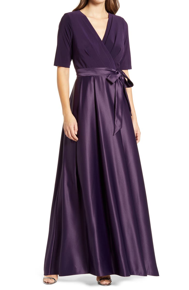 Alex Evenings Surplice Neckline Satin Formal Dress, Main, color, Eggplant