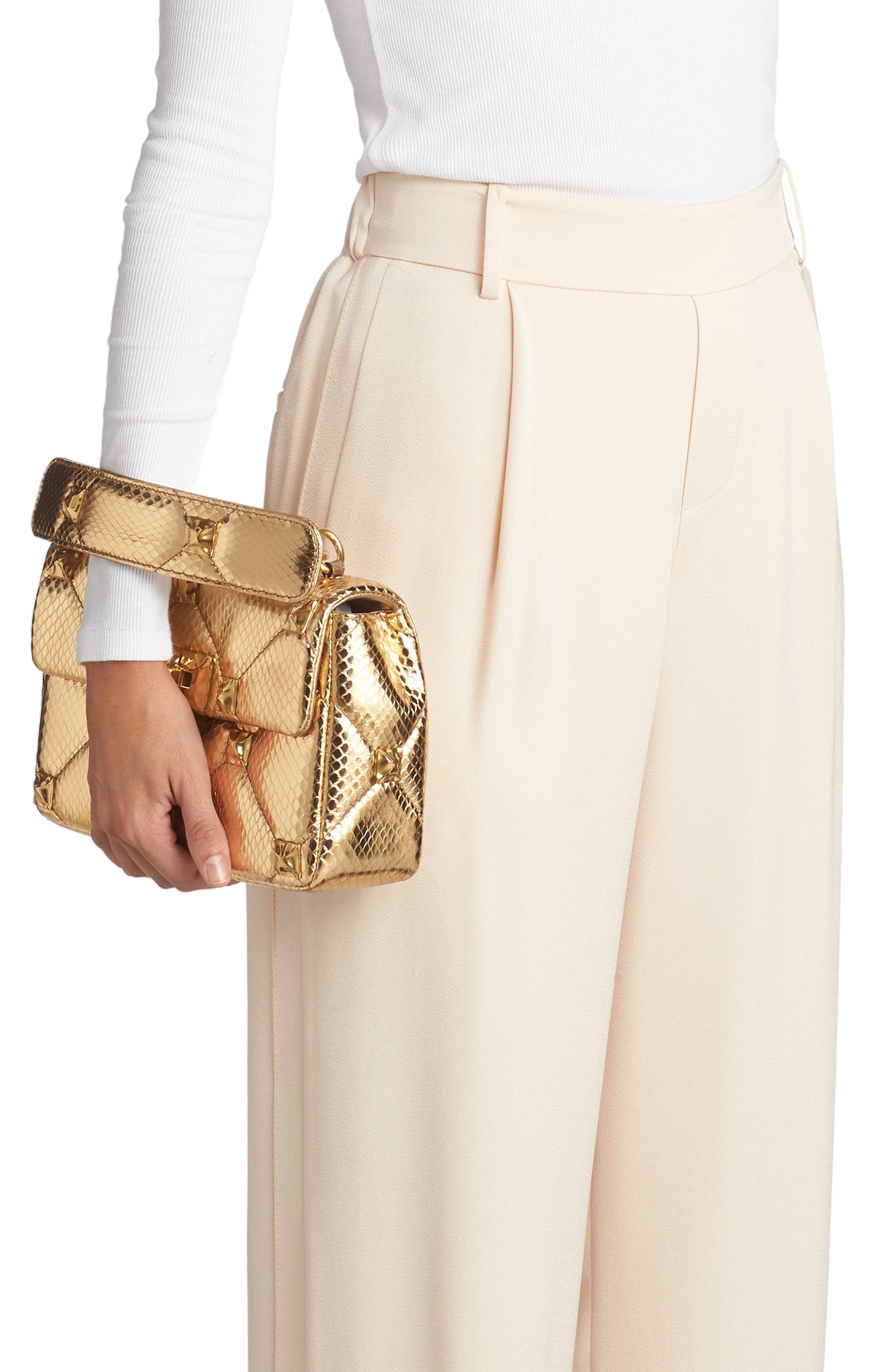 Valentino Garavani Medium Roman Stud Embossed Metallic Leather Shoulder Bag, Alternate, color, 