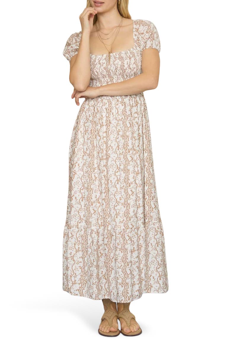 Printed Smock Midi Dress, Main, color, BROWN