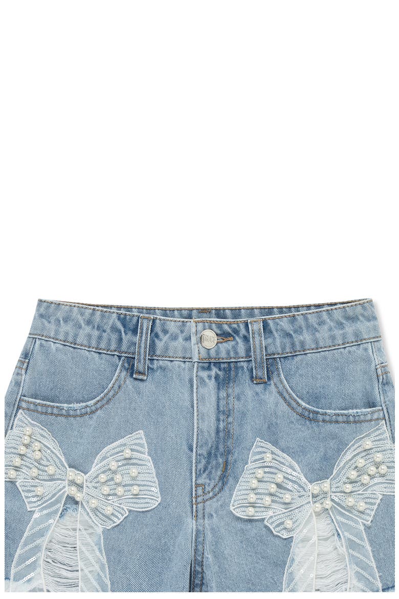Kids' Imitation Pearl Organza Bow Denim Shorts, Alternate, color, LIGHT STONE