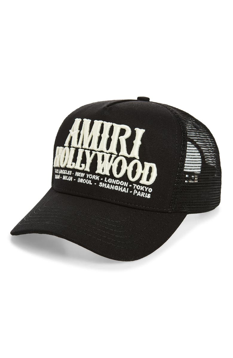 AMIRI Hollywood Trucker Hat, Main, color, Black