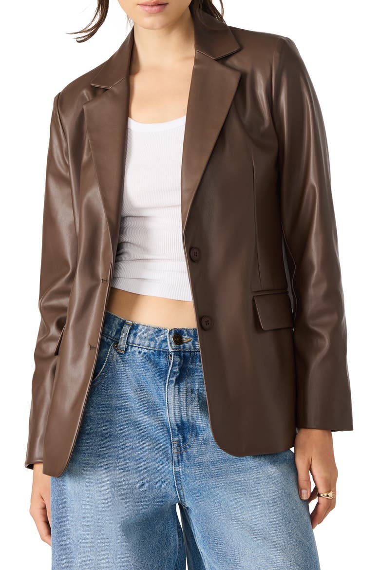 Faux Leather Boyfriend Blazer, Main, color, CHOCOLATE