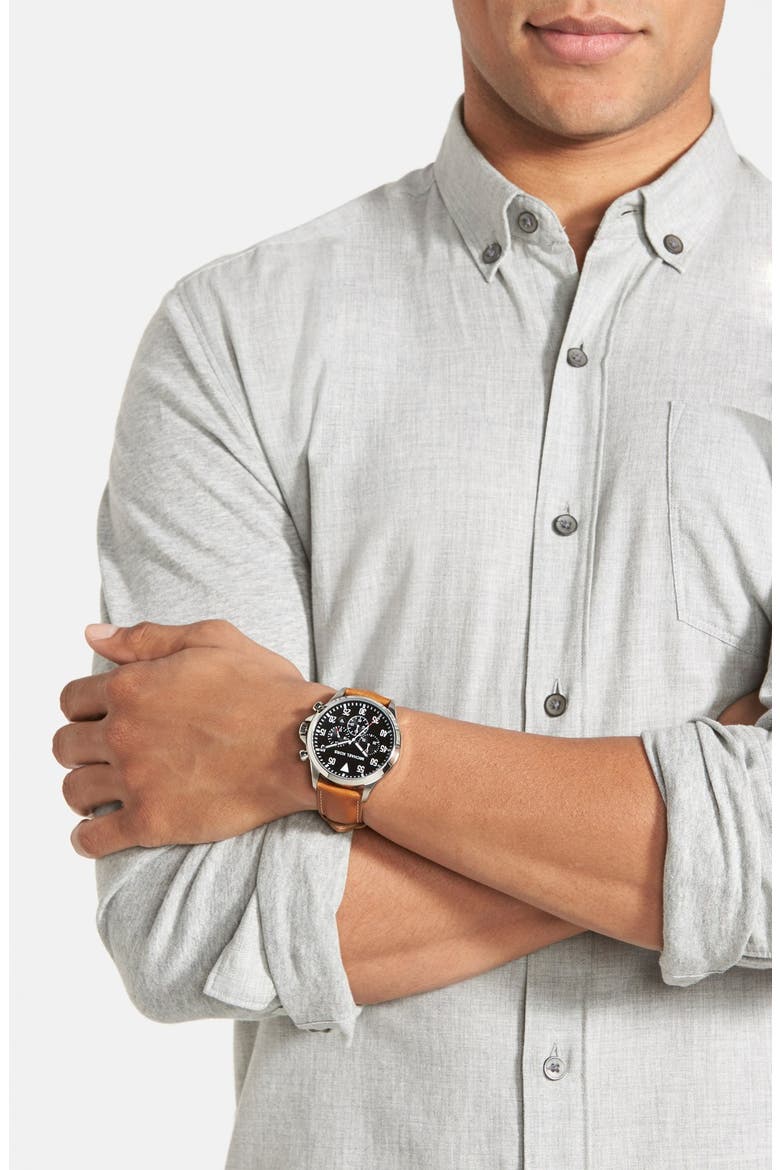 'Gage' Chronograph Leather Strap Watch, 45mm, Alternate, color, LUGGAGE/ SILVER