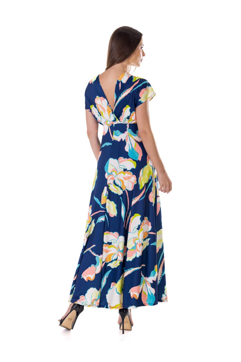 Floral Print V-Neck Empire Waist Cap Sleeve Maxi Dress, Alternate, color, Navy Multi