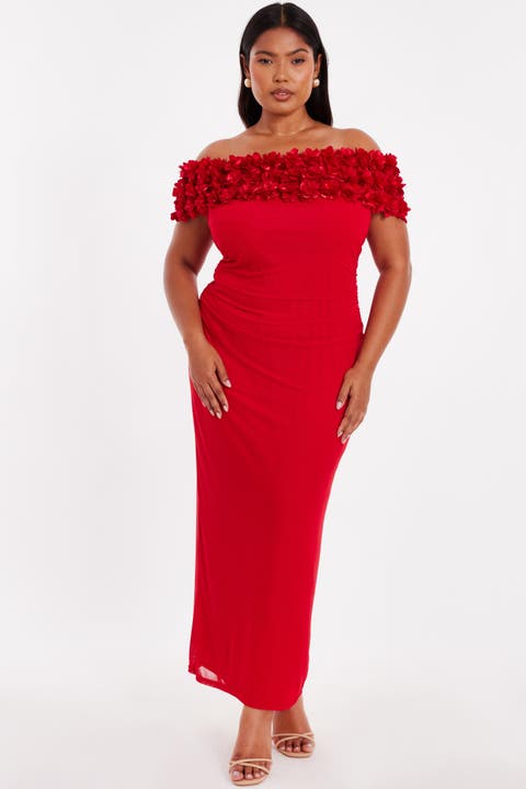 Plus Size Crepe Ruffle Ruched Mesh Maxi Dress