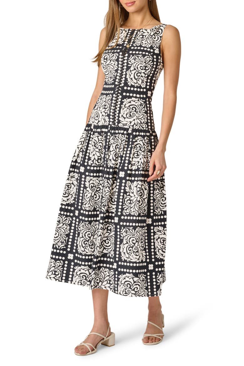 Print Drop Waist Sleeveless Maxi Dress, Main, color, BLACK/ IVORY