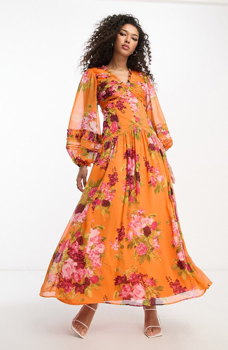 ASOS DESIGN Floral Print Ruched Long Sleeve Chiffon Maxi Dress, Main, color,