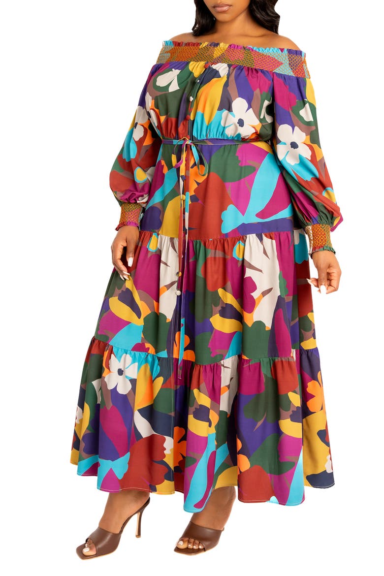 Floral Off the Shoulder Long Sleeve Maxi Dress, Alternate, color, BROWN MULTI