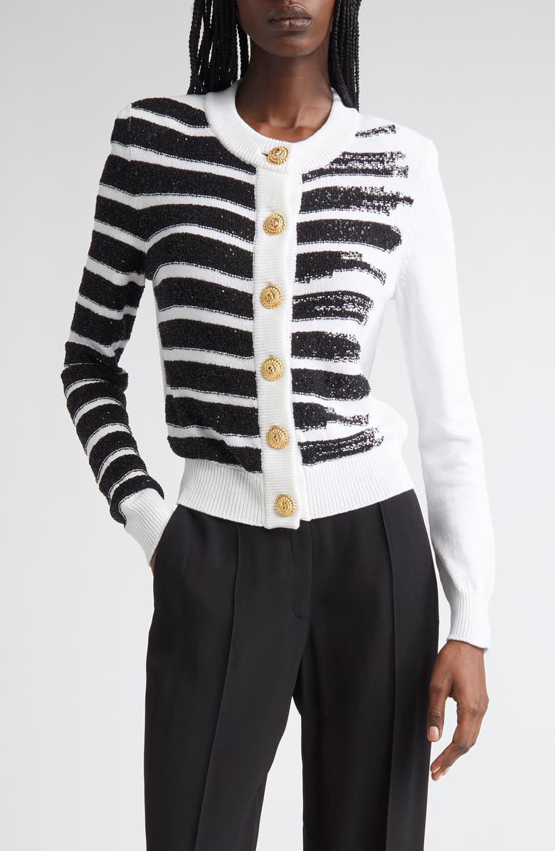 Balmain Makeup Stripe Sequin Cardigan, Main, color, White/ Black