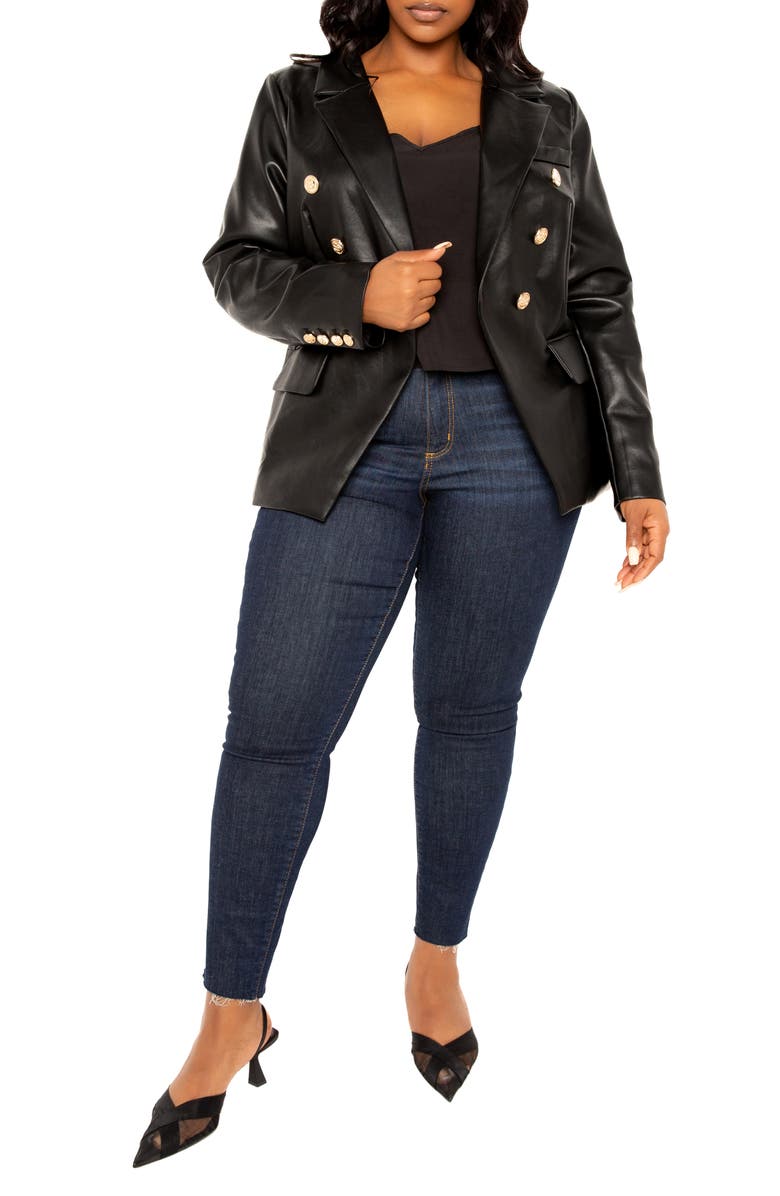 BUXOM COUTURE Faux Leather Double Breasted Blazer, Alternate, color, Black