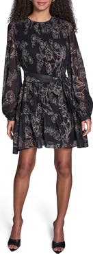 BCBG Floral Pleated Chiffon Long Sleeve Dress