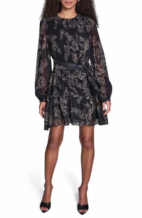 BCBG Floral Pleated Chiffon Long Sleeve Dress