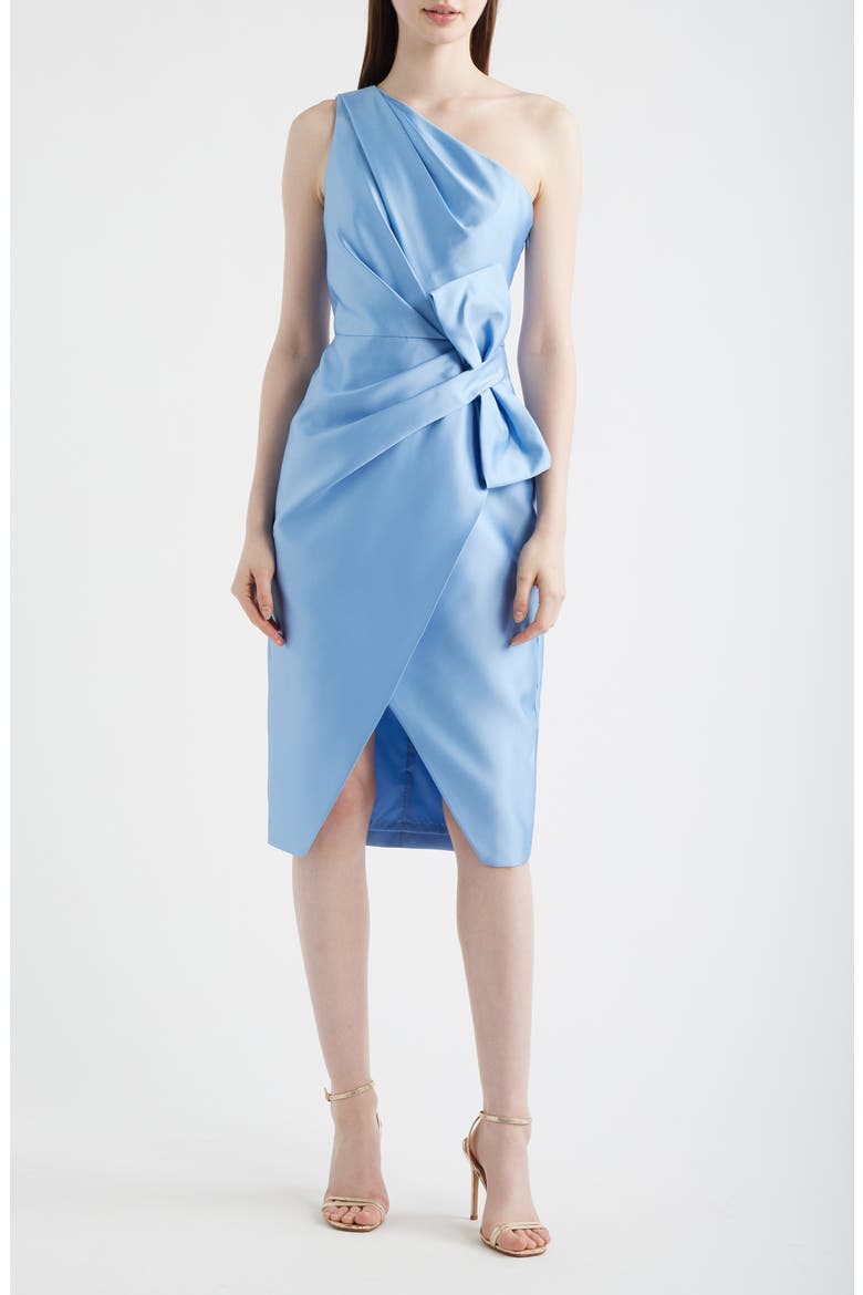 Pleated Bow One-Shoulder Mikado Cocktail Dress, Main, color, ICY TOPAZ