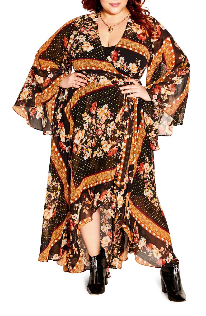 City Chic Falling Floral Long Sleeve Wrap Maxi Dress, Main, color, Floral