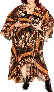 City Chic Falling Floral Long Sleeve Wrap Maxi Dress