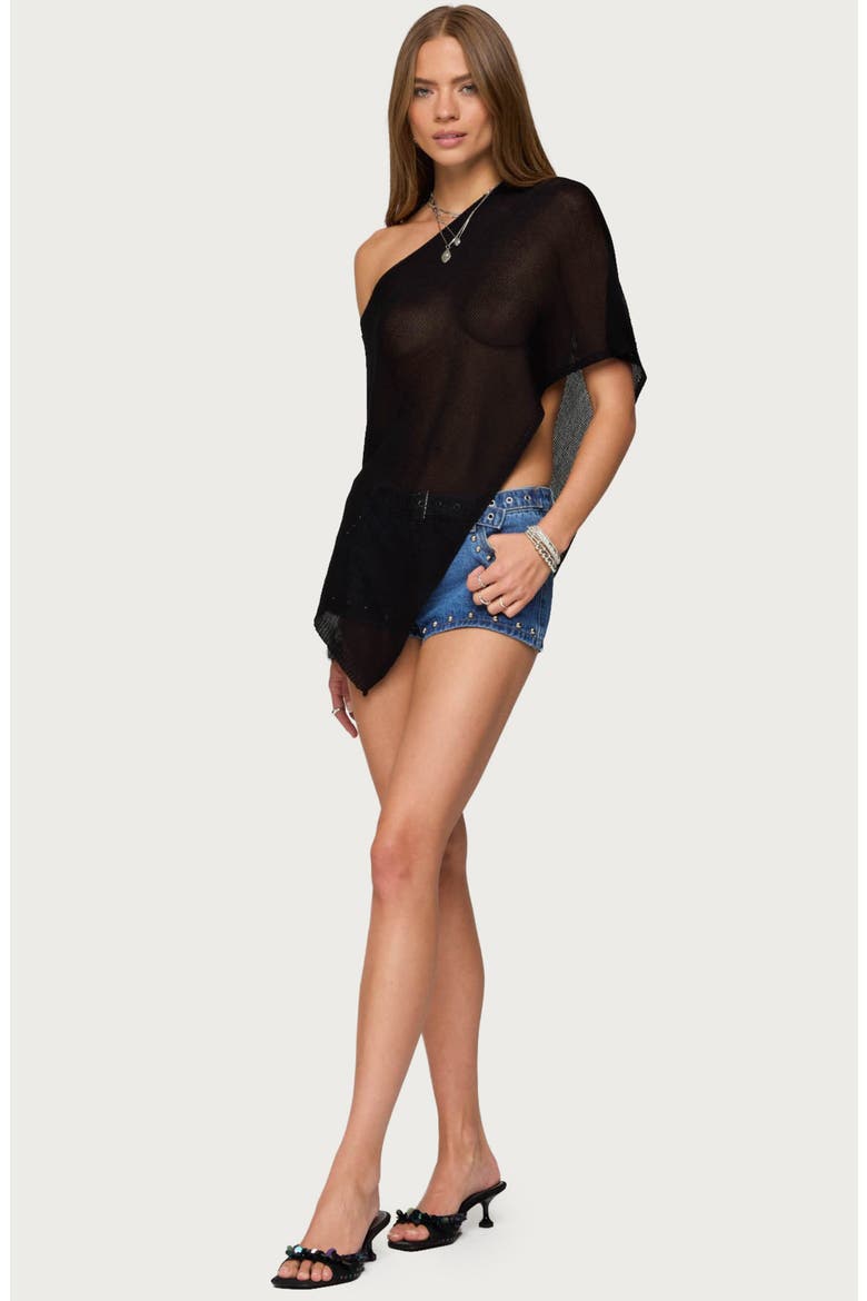 Azalia Asymmetric Sheer Poncho, Alternate, color, BLACK