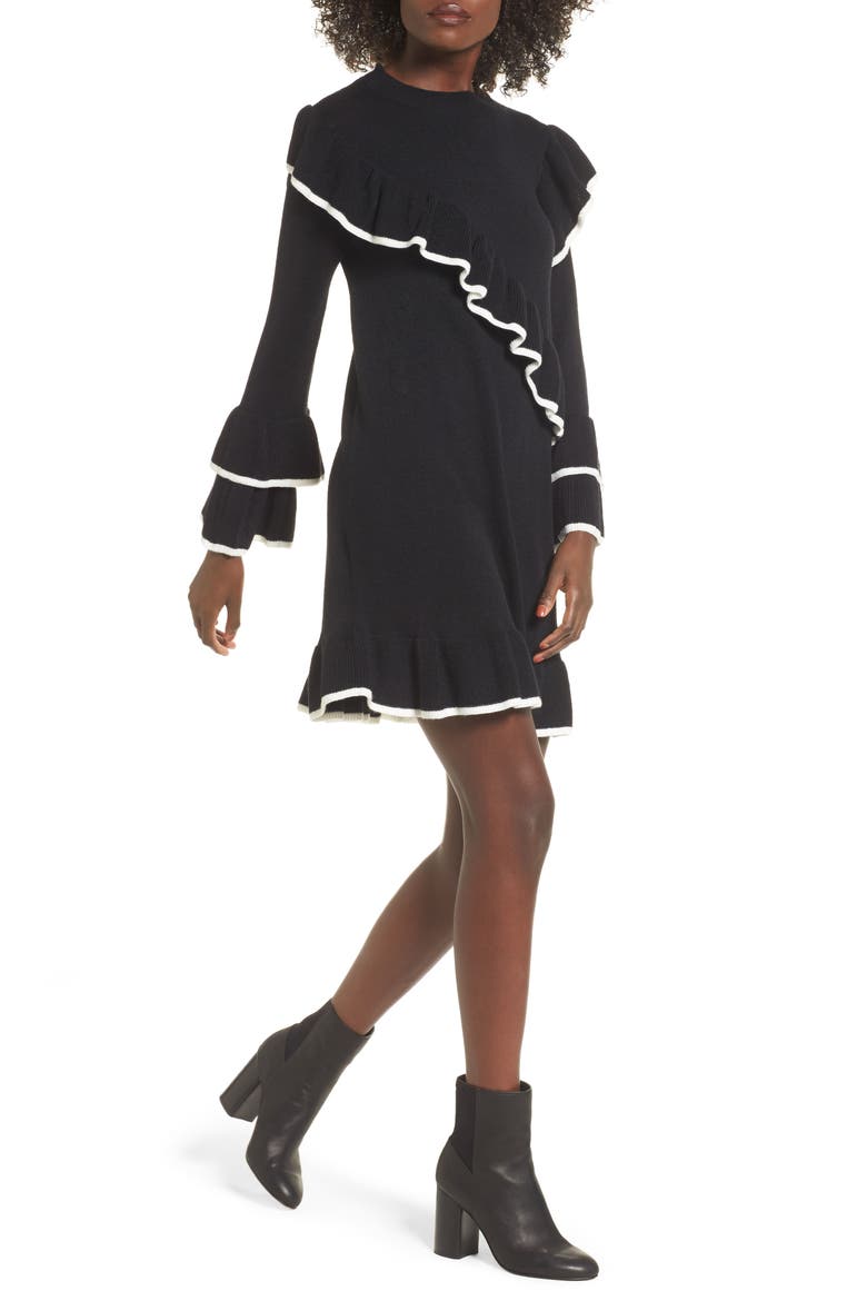 Ruffle Knit Sweater Dress, Main, color, BLACK