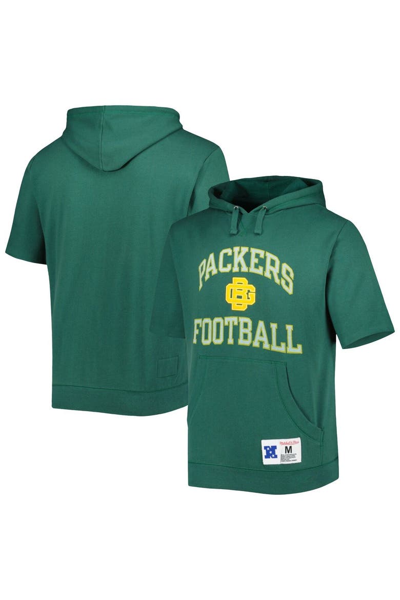 Men's Mitchell & Ness Green Green Bay Packers Washed Short Sleeve Pullover Hoodie, Main, color, Green