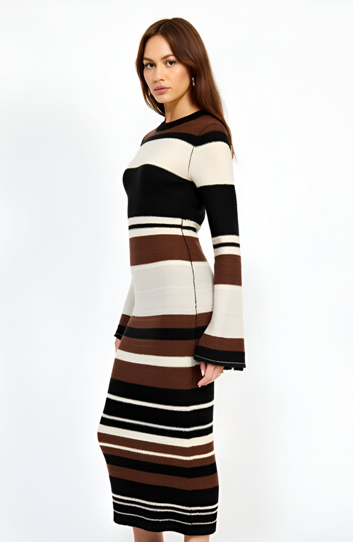 Modenaire Striped Long Sleeve Knit Midi Dress With Flared Cuff Detail In Multi