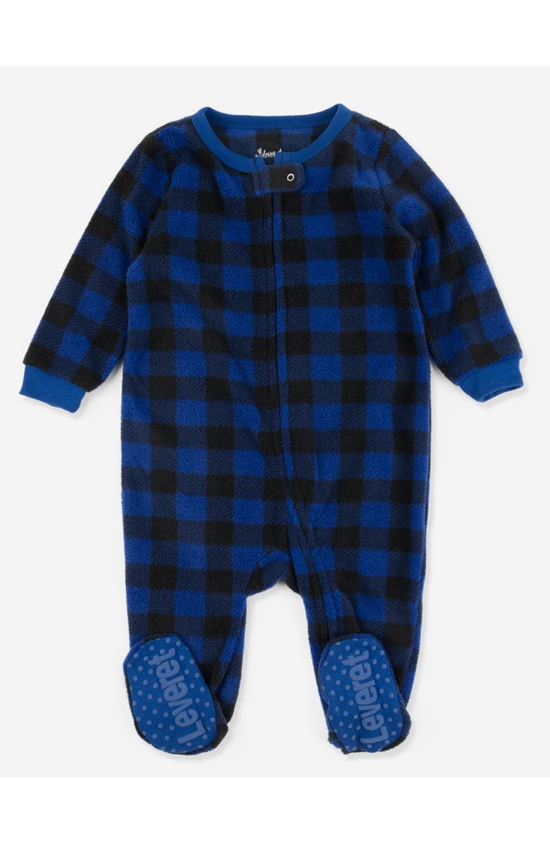 Leveret Footed Fleece Printed Holiday Pajamas, Alternate, color, Plaid Black 
Navy