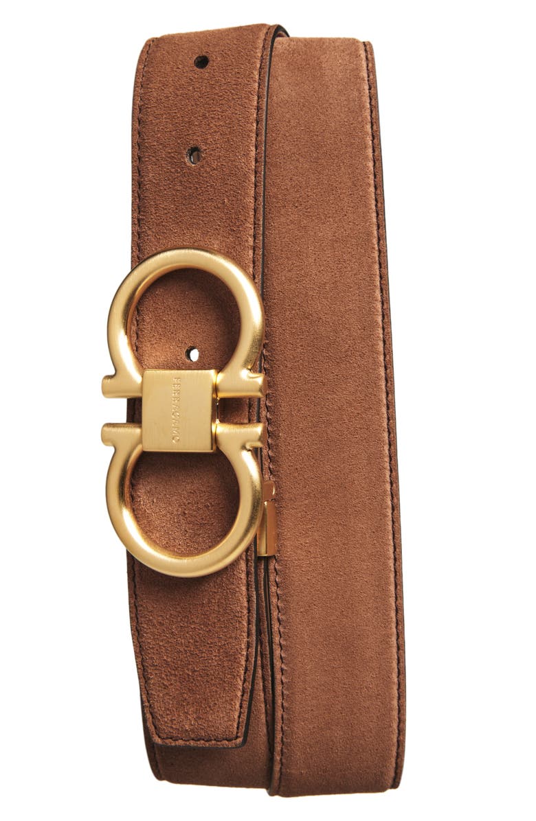 FERRAGAMO Double Gancio Suede Belt, Main, color, Midbrown Naturale