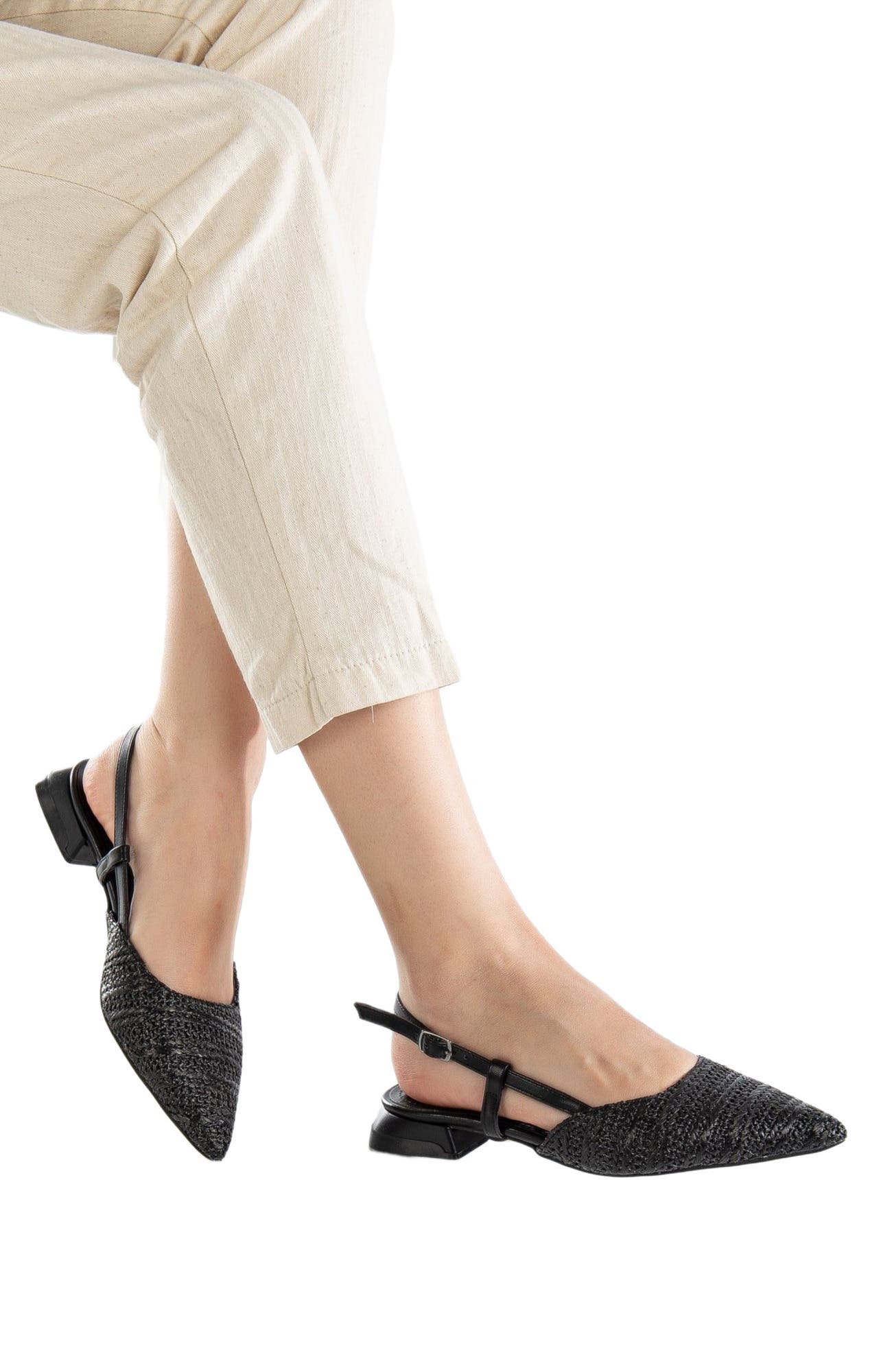 Prologue Shoes Riley Woven Slingback Flats, Alternate, color, Black Faux Leather