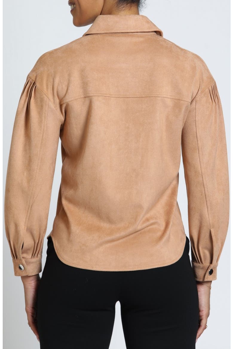 Pleated Sleeve Faux Suede Shirt Jacket, Alternate, color, CARAMEL