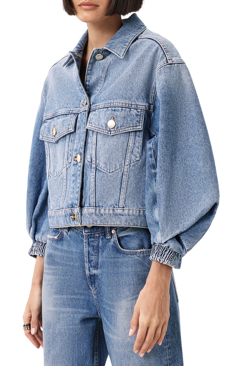 AllSaints Luca Balloon Sleeve Denim Trucker Jacket, Alternate, color, Mid Indigo