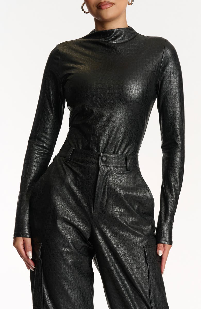 Naked Wardrobe Croc Embossed Faux Leather Bodysuit, Main, color, Black